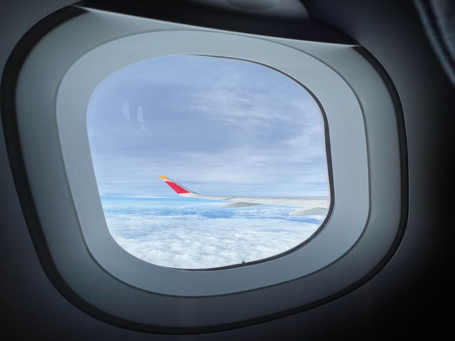 Vista desde la ventanilla de un avión en pleno vuelo, mostrando el ala y el cielo sobre las nubes. Explicación sobre por qué vuelan los aviones y cómo la sustentación permite el vuelo.