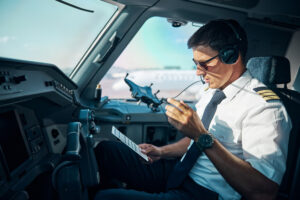 Copiloto en cabina revisando procedimientos antes del vuelo comercial — trabajo de un copiloto en acción 